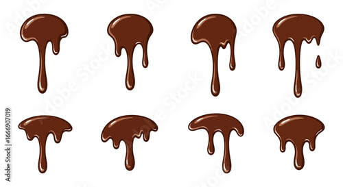 Chocolate drips: a set of eight different chocolate sauce drips on a white background.