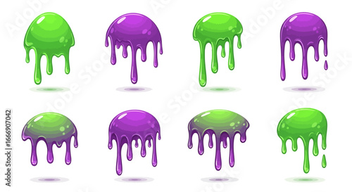 Set of dripping slime blobs in green and purple colors.