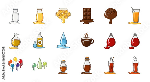 Collection of various food and drink items, including different types of liquids, sweets, and beverages.