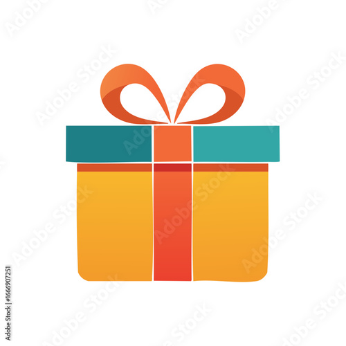 Colorful gift illustration with orange bow, cyan top, and yellow box, wrapping paper for celebration or holiday event invitation, present for recipient