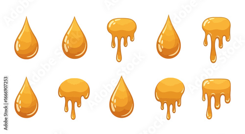 Collection of golden honey drops and drips in various shapes and sizes, illustrating its viscous and flowing nature.