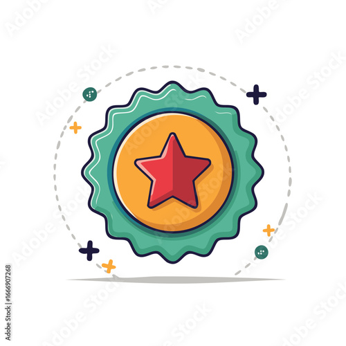 Vibrant rosette emblem with wavy edges showcases a bold red star symbol against a sunny yellow center, minimal graphic elements