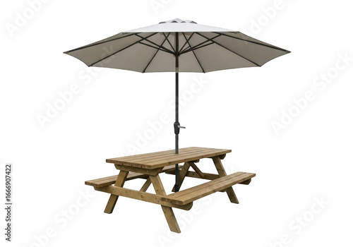 Wooden picnic table with umbrella, isolated on transparent background