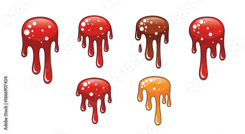 A collection of colorful, glossy, and viscous liquids dripping down, resembling sweet sauces or syrups.