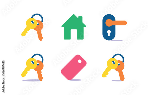 vector colorful filled icons shared apartment key (keyring duo): two keys ring loop apartment outline door knob shadow smear label tag.