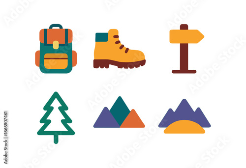 vector colorful filled icons couple traveling (backpack hike): backpack icon hiking boot trail marker pine outline mountain arc shadow smear.