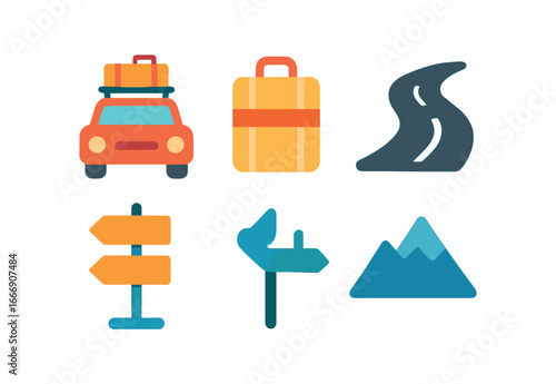 vector colorful filled icons couple traveling (road trip): car icon luggage rack road curve signpost arrow mountain outline shadow smear.