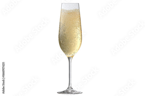 Elegant champagne flute with sparkling bubbles, isolated on white transparent background