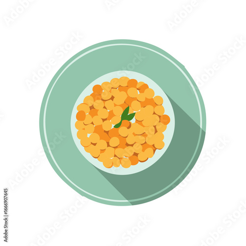 Vector image of lentil or pea stew with mint on teal plate for nutritious and vegetarian diets