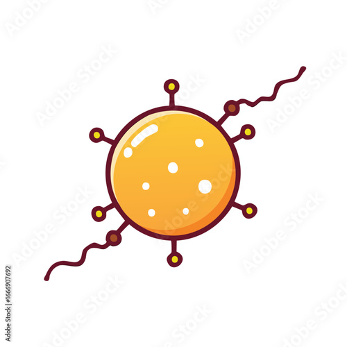 Single pathogenic virus with projections and RNA in orange cartoon style