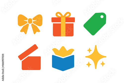 vector colorful filled icons gift exchange (wrapped presents): ribbon bow gift box gift tag open lid tissue paper sparkle icon.