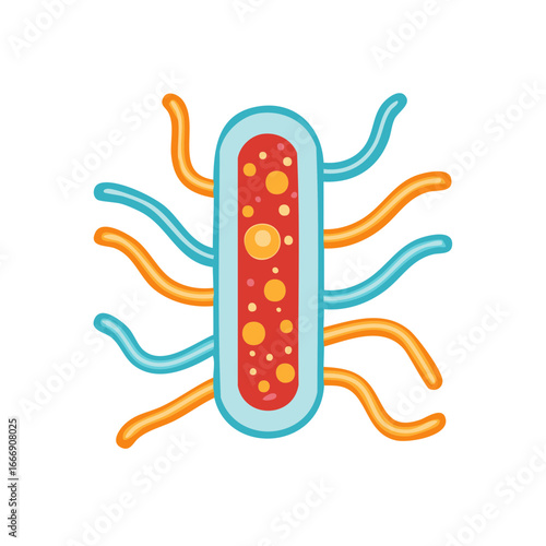 Stylized rod-shaped bacterium cell with flagella and internal inclusions, microscopic biology
