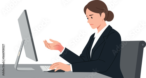 Businesswoman working frustrated at computer desk in office vector illustration 