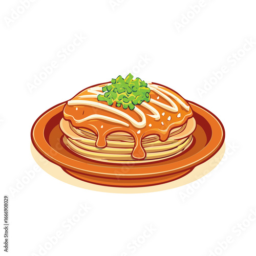 Stack of delicious pancakes with dripping sauce and toppings served on plate cartoon style sweet dessert illustration