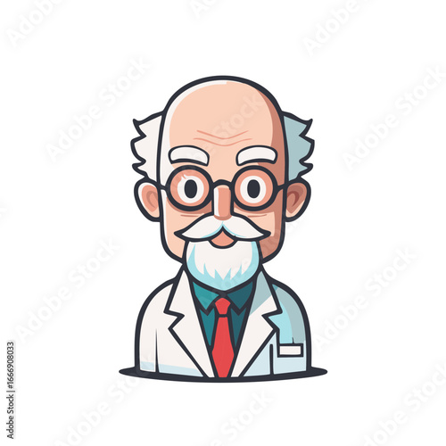 Cartoon Scientist Wearing Eyeglasses and Lab Coat with White Mustache and Beard