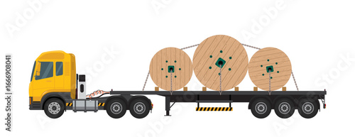 ํYellow truck loaded with numerous rolls of electrical cable on wooden wheels, transporting electronic goods, against a white background. Shipping and logistics.