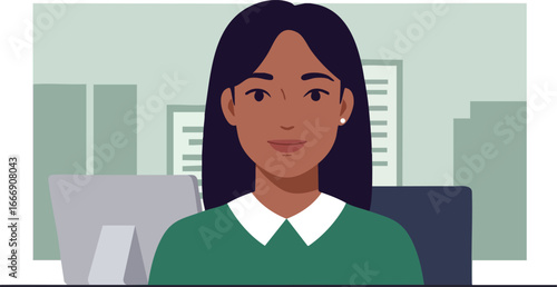 Businesswoman in office environment with green blouse and modern city background vector illustration 