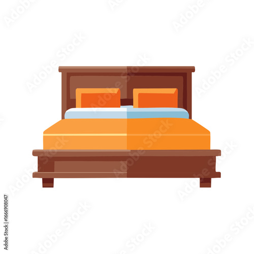Vector illustration of a cozy bed with orange bedding and pillows in a modern style