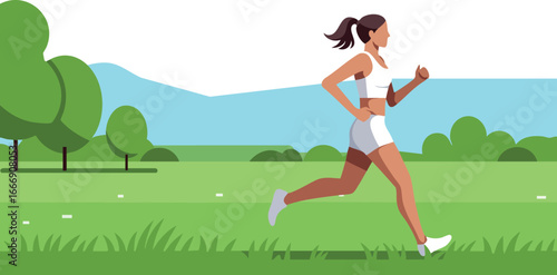 Woman Running Outdoors in Green Park with Blue Sky and Trees Vector Illustration 