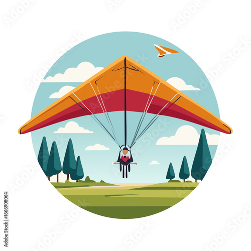 Hang gliding over a vibrant green meadow with a clear blue sky and fluffy clouds.