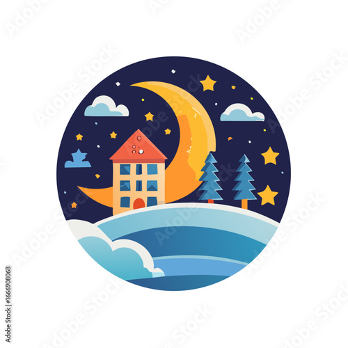 Cozy House Under Crescent Moon with Christmas Trees and Winter Scene Illustration