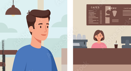 Young man at cafe counter with barista in background vector illustration 