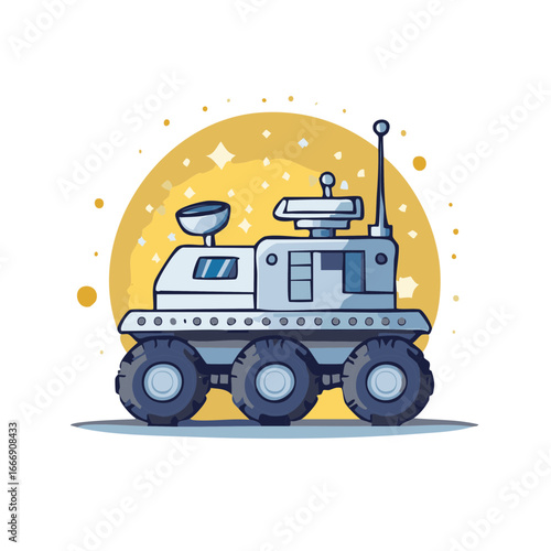 Cartoon style illustration of a rover exploring a distant planet with a bright moon