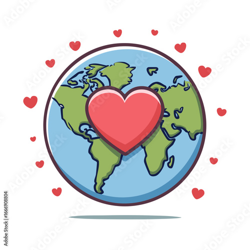Illustrated Earth Globe with a prominent Heart Shape and scattered smaller Hearts around it in cute cartoon style
