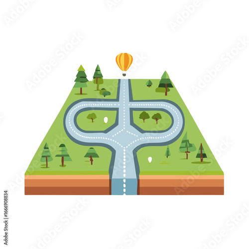 Isometric road network with balloon, green landscape, and water feature.