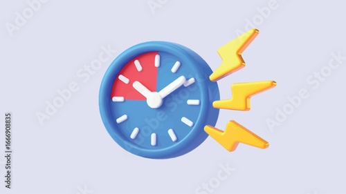 3d clock icon with lightning bolts isolated on soft background, urgency and time management symbol for ui ux app interface design concept