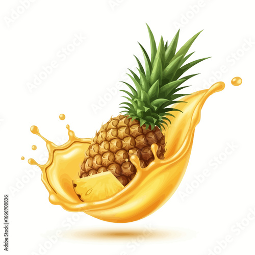 A whole pineapple and a slice in a splash of its own juice.