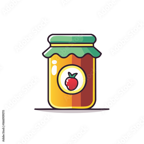Jar with a green cap filled with marmalade with a sticker with strawberry.