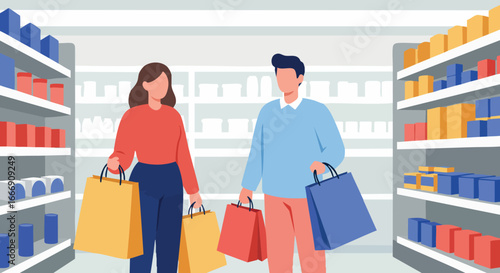 Man and woman shopping with colorful bags in retail store interior vector illustration 