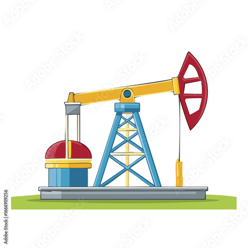 Cartoon Oil Pump Jack on Green Field, Crude Oil Extraction Machine