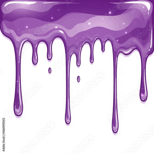 Illustration of purple, glossy, dripping liquid, resembling syrup or paint against a white background.