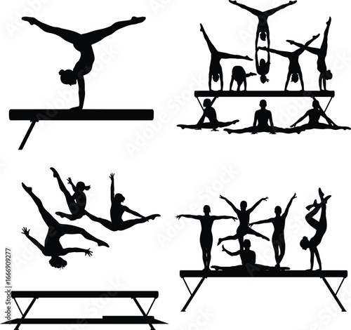 Gymnastics team performing balance beam routines, acrobatic stunts, artistic formations, silhouette vector illustration of athletes training and competing together