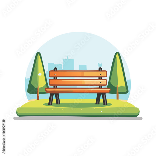 Park Bench Relaxation Spot with Green Trees and City Skyline in the Distance, Peaceful Scene