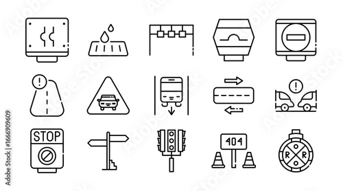 Road and traffic linear icon set. Vehicles, transportation, highway, traffic signs, road safety, navigation, cars, bikes, trucks, signals, map, vector icon pack