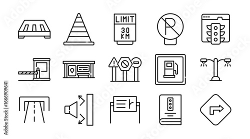 Road and traffic linear icon set. Vehicles, transportation, highway, traffic signs, road safety, navigation, cars, bikes, signals, map, vector icon pack. Thin line style UI design set
