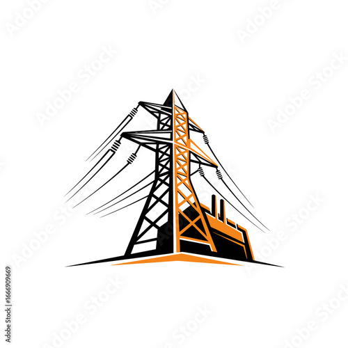 Energy Logo Design with High Voltage Tower and Industrial Plant Vector Illustration for Power, Production, and Distribution Branding