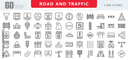 Road and traffic linear icon set. Vehicles, transportation, highway, traffic signs, road safety, navigation, cars, bikes, trucks, signals, map, vector icon pack. Thin line style UI design set