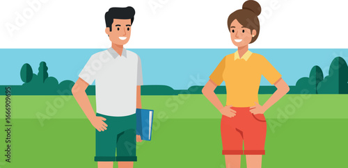 Young man and woman standing in green field with blue sky and distant trees vector illustration 