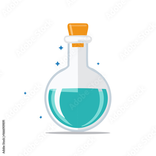 Illustration of Potent Magic Potion in a Clear Flask with Cork Stopper and Blue Stars