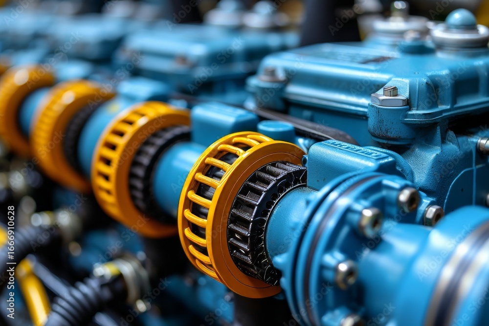 Fototapeta premium Bright blue mechanical components with orange details in an industrial setting showcasing engineering precision and functionality