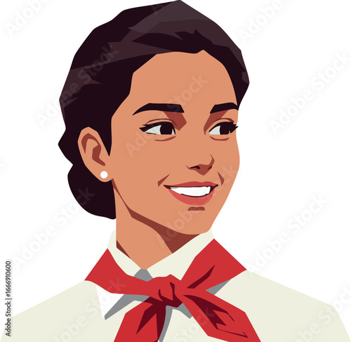 Young woman smiling with red neck scarf vector illustration portrait style 