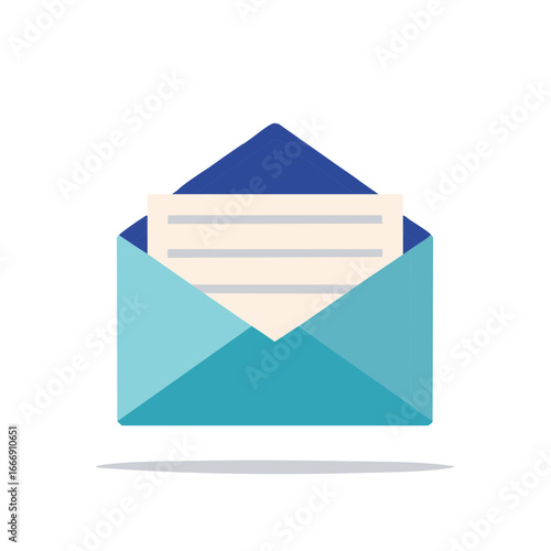 Opened blue envelope containing a letter illustration on white background for email marketing campaign or direct mail concept