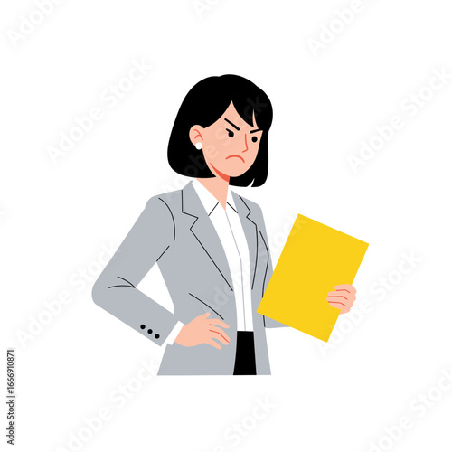 Displeased Businesswoman Logo: An Illustration of an Angry Businesswoman Reviewing Documents, Symbolizing Dissatisfaction and Corporate Challenge.