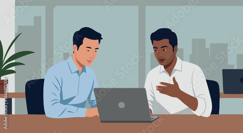 Two diverse men collaborating on laptop in modern office workspace vector illustration 