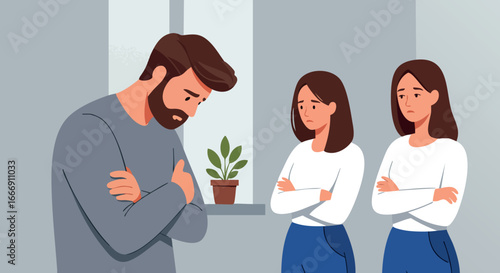 Man and two women in conflict with arms crossed indoor scene vector illustration 