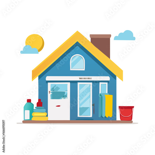 House Cleaning Items Illustration Colorful Cartoon Style Exterior Home Maintenance Spring Cleanup